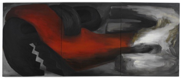 A wrench gets the Lozano treatment in this three-part oil painting from 1964. 